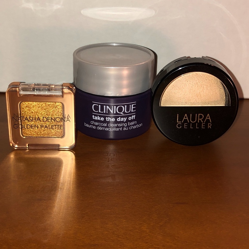 ND golden eyeshadow, L Geller highlighter, Clinique makeup remover (3)